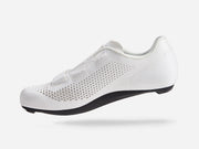 White cycling shoe with perforated design on a light gray background