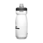 Clear water bottle with black cap and minimal branding on a white background