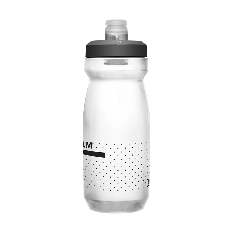 Clear water bottle with black cap and minimal branding on a white background