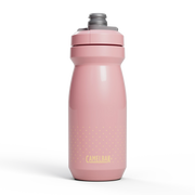 Pink water bottle with gray cap on a white background