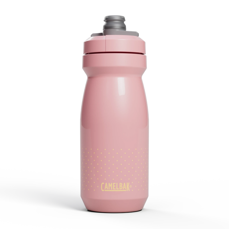 Pink water bottle with gray cap on a white background