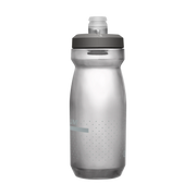 Silver water bottle with black cap on a white background