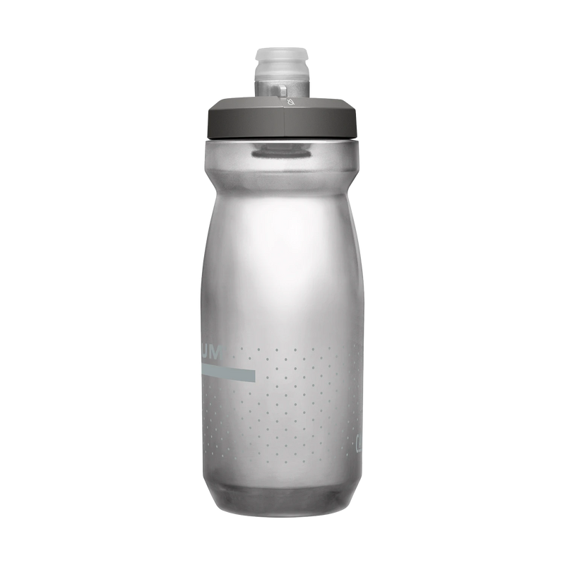 Silver water bottle with black cap on a white background