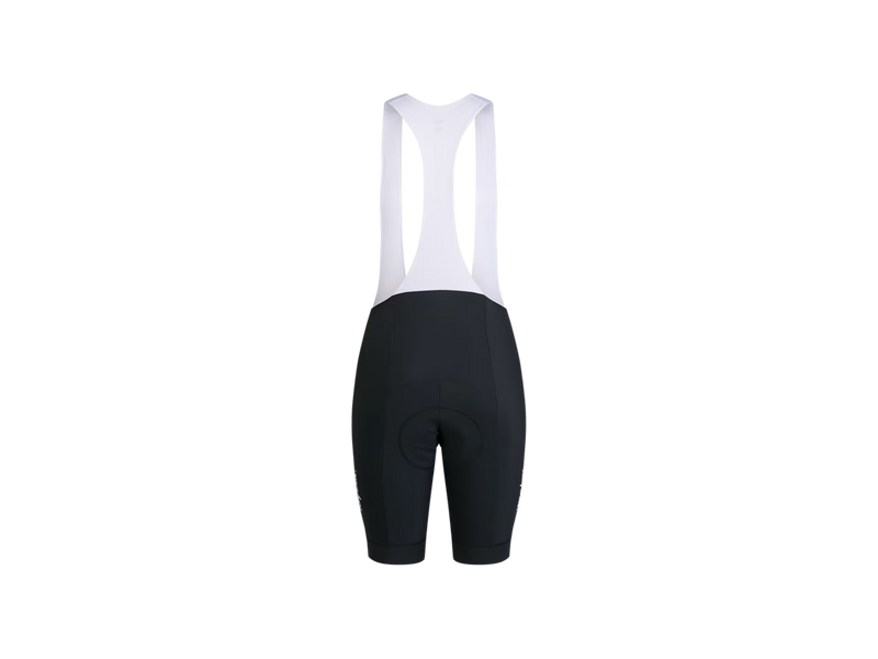 Black cycling bib shorts with white straps on a transparent background