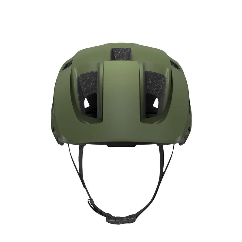Green helmet with black straps on a white background