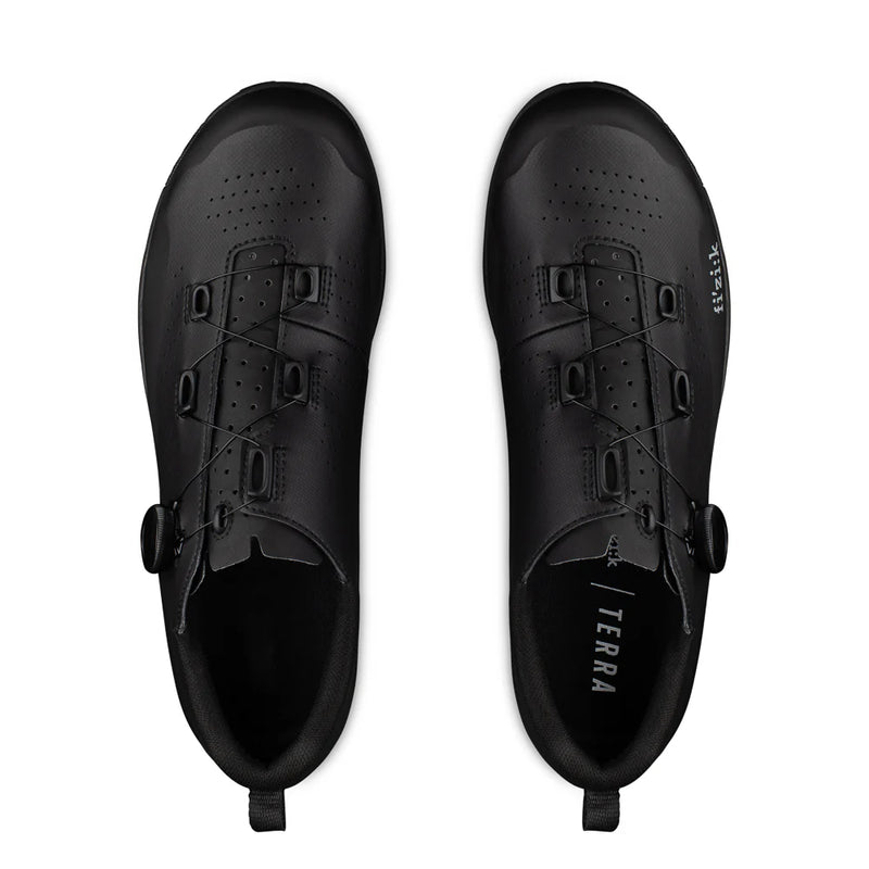 Black cycling shoes with 'Terra' branding on a white background