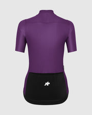 Purple cycling jersey with black bottom section on a light gray background