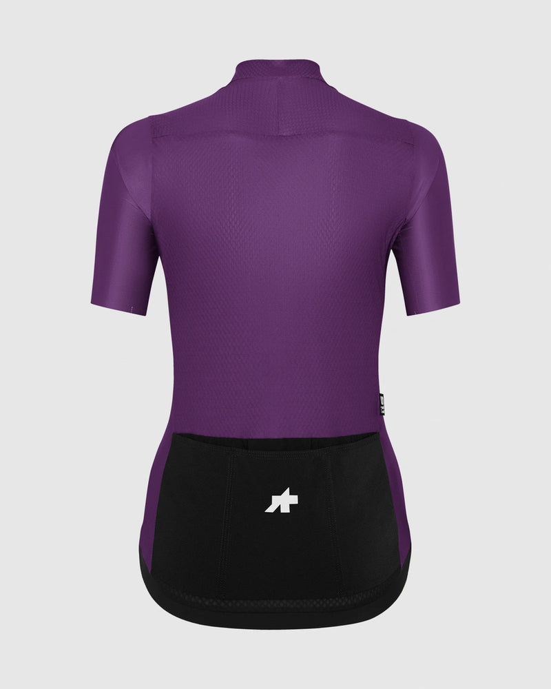 Purple cycling jersey with black bottom section on a light gray background