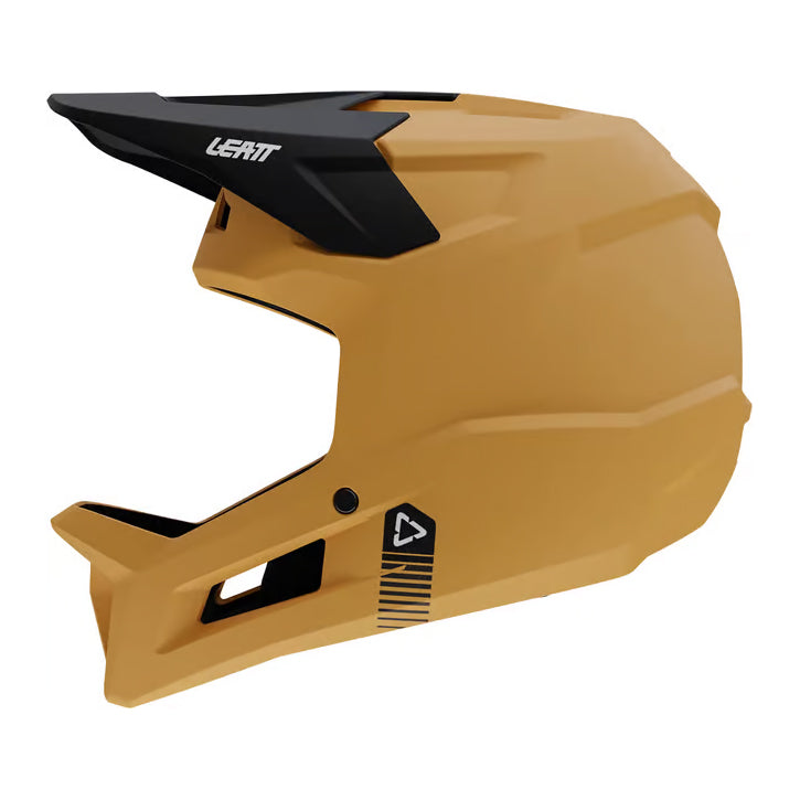 Lager Yellow Leatt MTB Gravity 1.0 Junior full-face helmet, side view facing left with Leatt logo and colour detailing on awhite background 