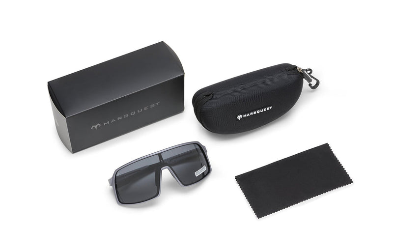 Carbon Black Charcoal sunglasses with included black storage box, protective zippered case and black microfiber cloth on a white background