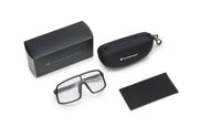 Carbon Black x Crystal sunglasses with included black storage box, protective zippered case and black microfiber cloth on a white background