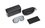 Carbon Black x Grey sunglasses with included black storage box, protective zippered case and black microfiber cloth on a white background