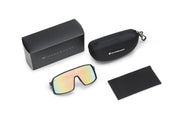 Carbon Black x Rose sunglasses with included black storage box, protective zippered case and black microfiber cloth on a white background