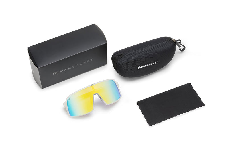 Crystal x Yellow sunglasses with included black storage box, protective zippered case and black microfiber cloth on a white background