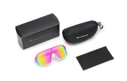 Pink x Pink sunglasses with included black storage box, protective zippered case and black microfiber cloth on a white background