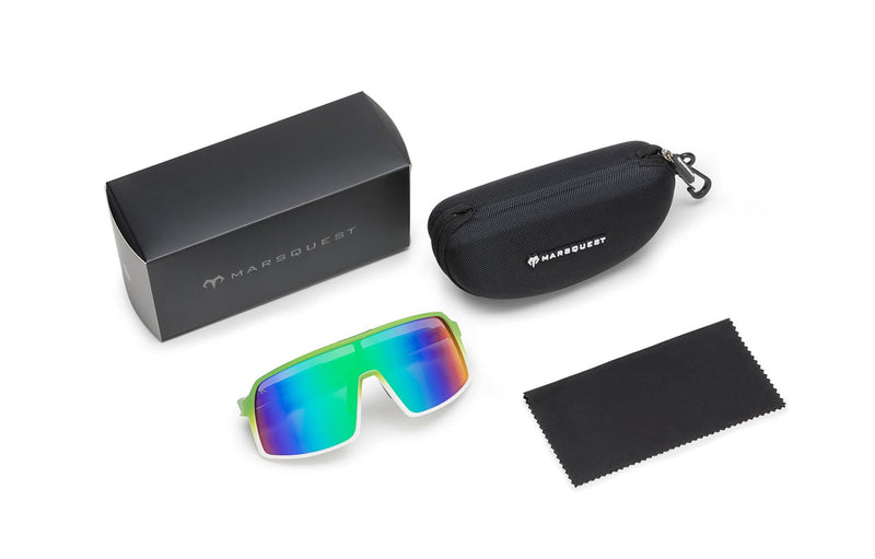 White x Green sunglasses with included black storage box, protective zippered case and black microfiber cloth on a white background