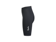 Black full-length cycling tights with a white 'Rapha' script logo on the lower left leg, shown from the side against a plain white background.