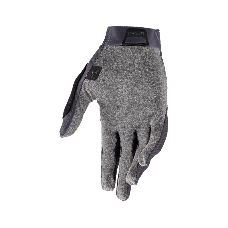 Leatt MTB 1.0 GripR Jr right glove, palm-up view showing the medium grey MicronGrip palm and silicone grip details on a transparent background