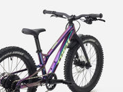 Trek Wahoo 20 Trail kids’ mountain bike in Emerald Iris, rear three-quarter product view showing the Wahoo frame logo and iridescent purple finish