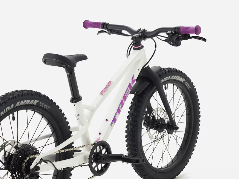 Trek Wahoo 20 Trail kids’ mountain bike in Crystal White, rear three-quarter product view showing the Wahoo frame logo and fluorescent purple details