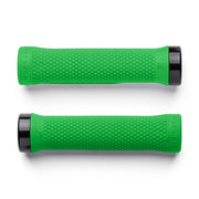 Two green bicycle grips with black ends on a white background