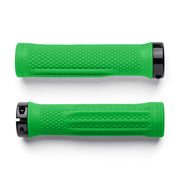 Two green bicycle grips with black ends on a white background