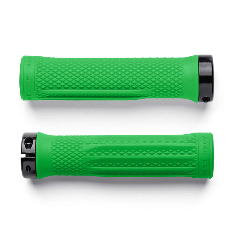 Two green bicycle grips with black ends on a white background