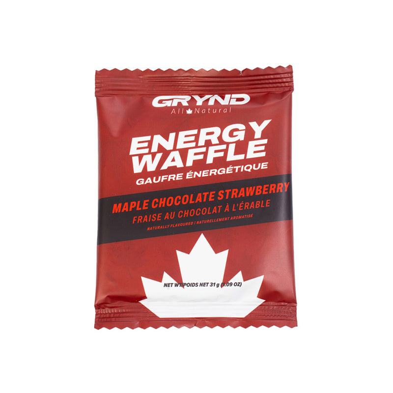 Grynd energy waffle package with red and white design on a white background - Maple Chocolate Strawberry flavoured.