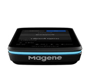 Black electronic device with a screen displaying text, branded 'Magine', on a white background.