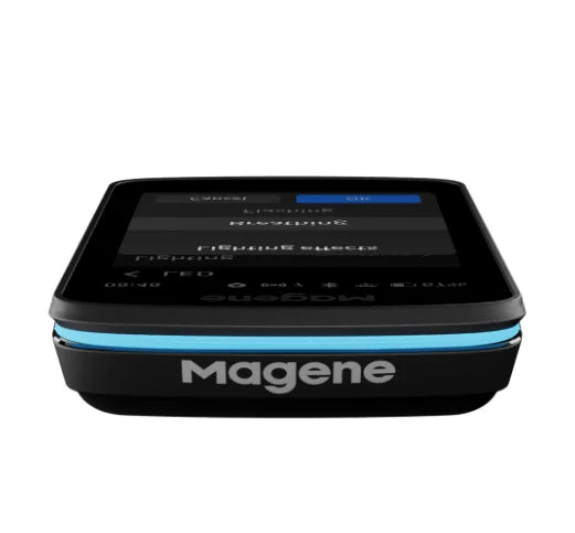 Black electronic device with a screen displaying text, branded 'Magine', on a white background.
