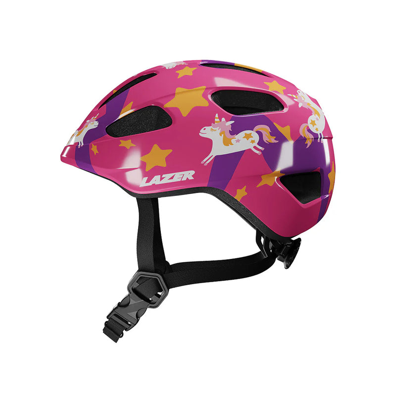 Pink children's helmet with unicorn and star pattern on a white background