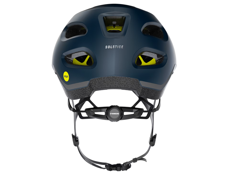 Dark blue helmet with yellow accents on a white background