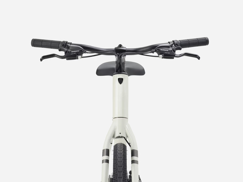 White electric bike with black handlebars on a white background