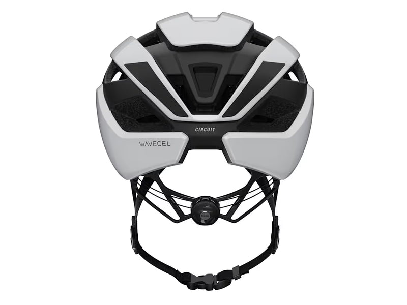 White and black bicycle helmet with 'WaveCel' branding on a white background
