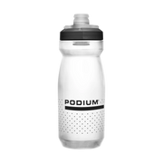 Clear water bottle with black cap and 'Podium' branding on a white background