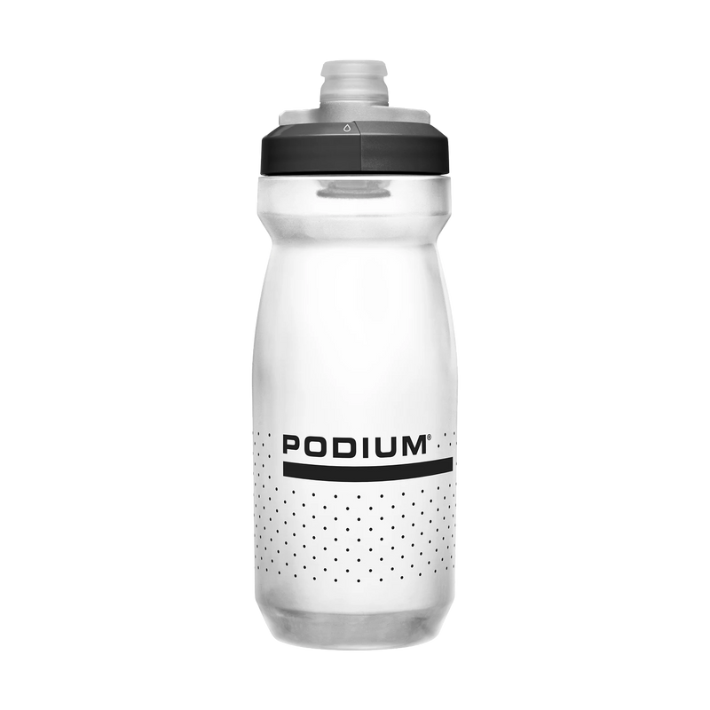 Clear water bottle with black cap and 'Podium' branding on a white background