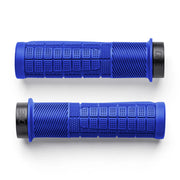 Two blue motorcycle grips with black ends on a white background