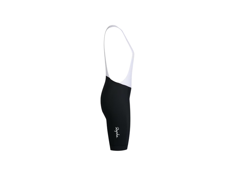 Side view of bib with Logo of Rapha stylized, black and white material, product image
