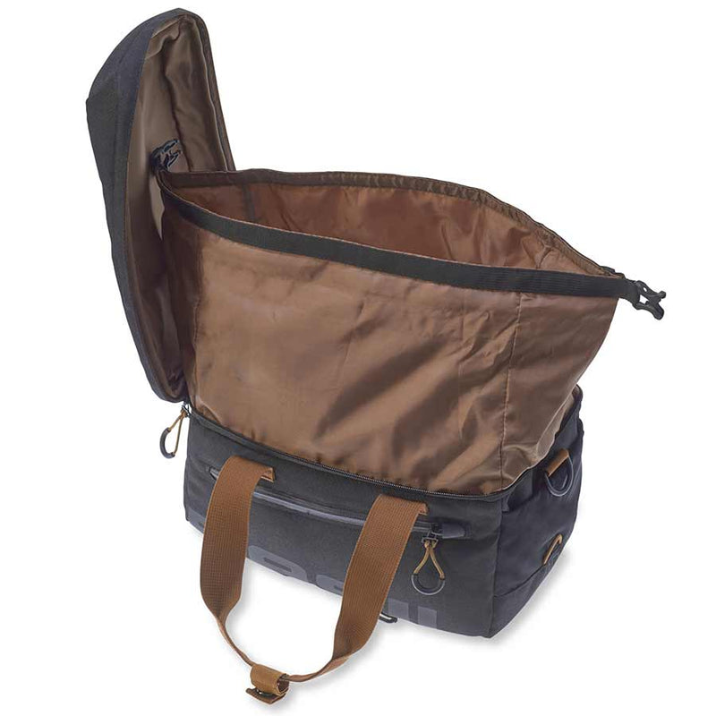 Basil Miles Trunk Bag 7L in Black Slate, three-quarter view with the brown interior extended upward to show the full inner storage compartment