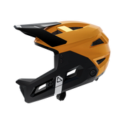 Yellow Leatt MTB Enduro 2.0 Junior helmet with chin bar, side view, facing left, visible on a transparent background