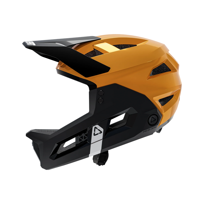 Yellow Leatt MTB Enduro 2.0 Junior helmet with chin bar, side view, facing left, visible on a transparent background