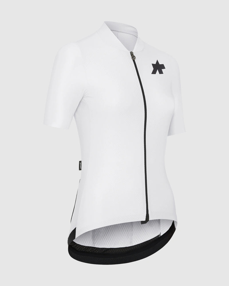 White cycling jersey with black accents on a light gray background
