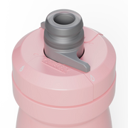 Close-up of a pink water bottle with a gray cap on a white background