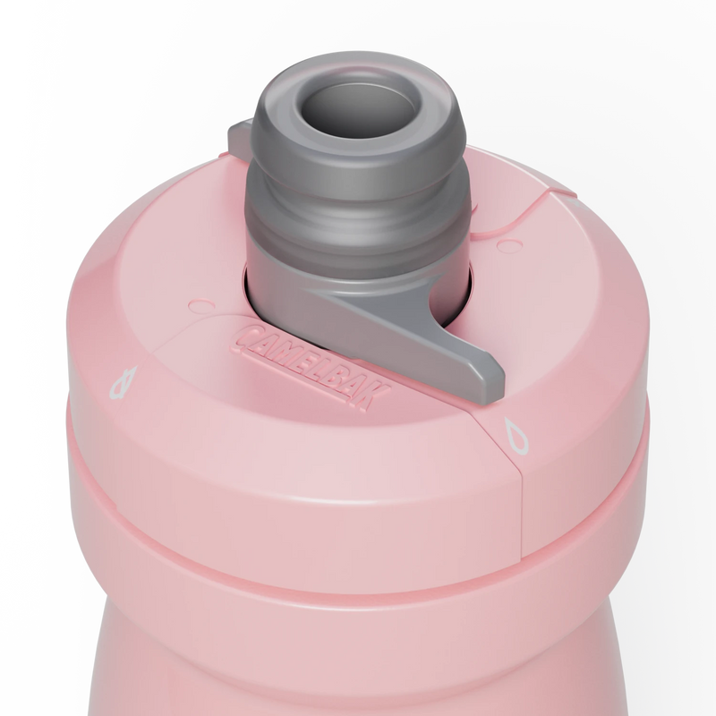 Close-up of a pink water bottle with a gray cap on a white background