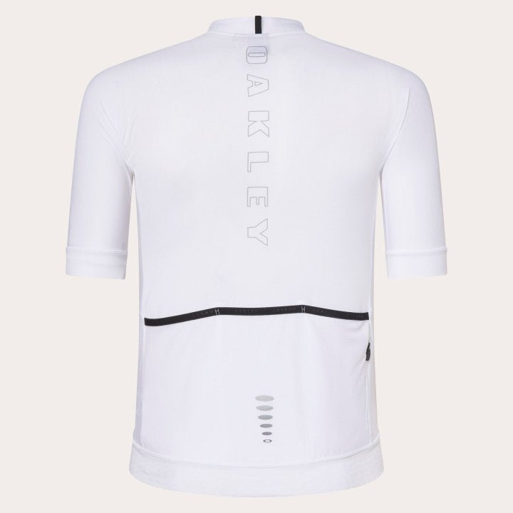 White cycling jersey with black accents and 'Oakley' branding on a light beige background