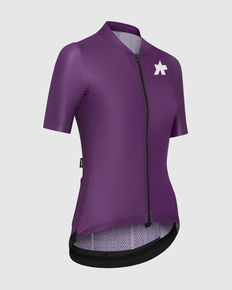 Purple cycling jersey with a logo on a light gray background