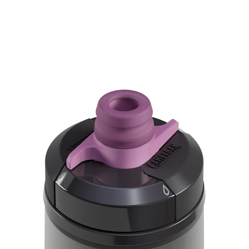 purple and black water bottle product image top, with camelbak logo