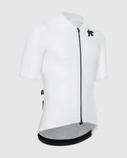 White cycling jersey with black accents on a light gray background