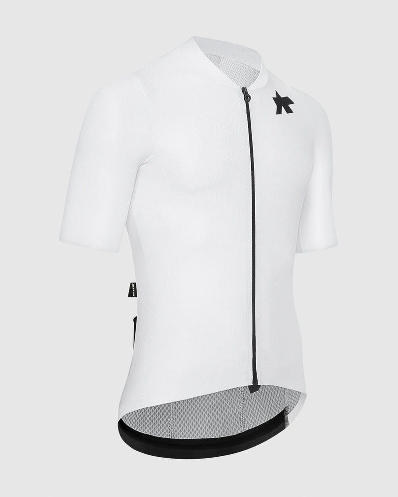 White cycling jersey with black accents on a light gray background
