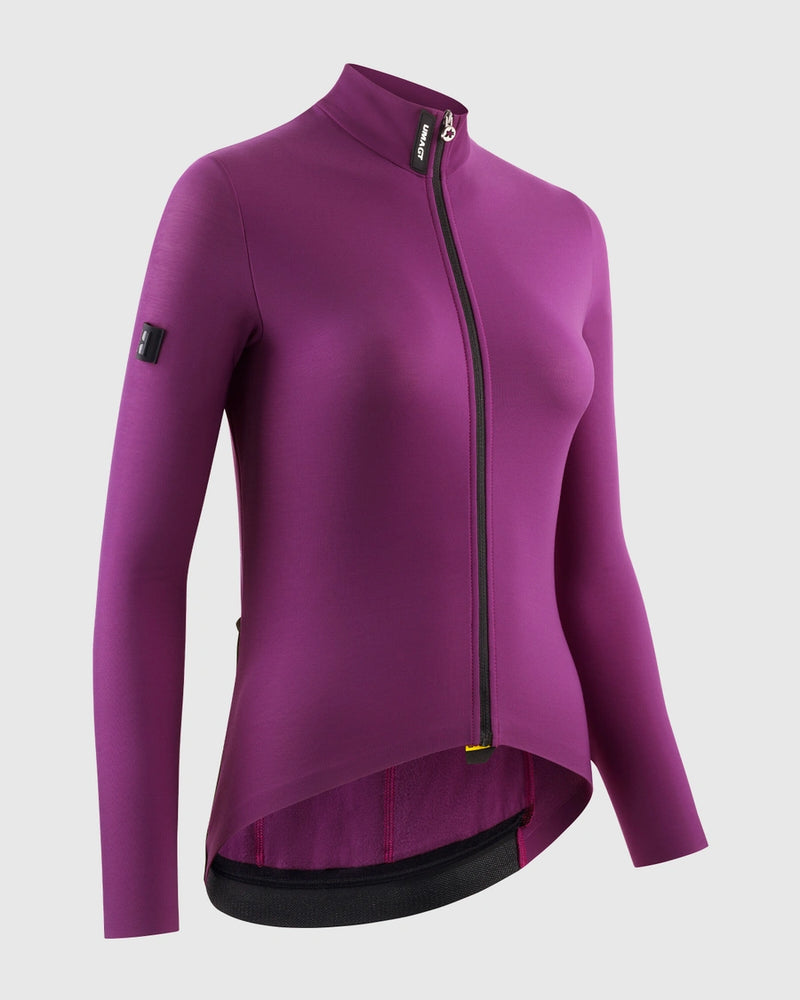 Assos UMA GT Spring Fall LS Jersey C2 in Purple Alchemy, ghosted three-quarter view showing the interior details, mock neck logo, full-length zipper and integrated cable loop